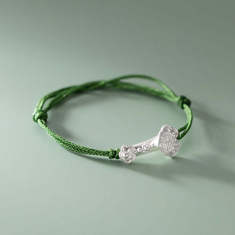 Handmade 999 Sterling Silver Fu Character Wish Ruyi Handle Luck Braided Green Rope Bracelet