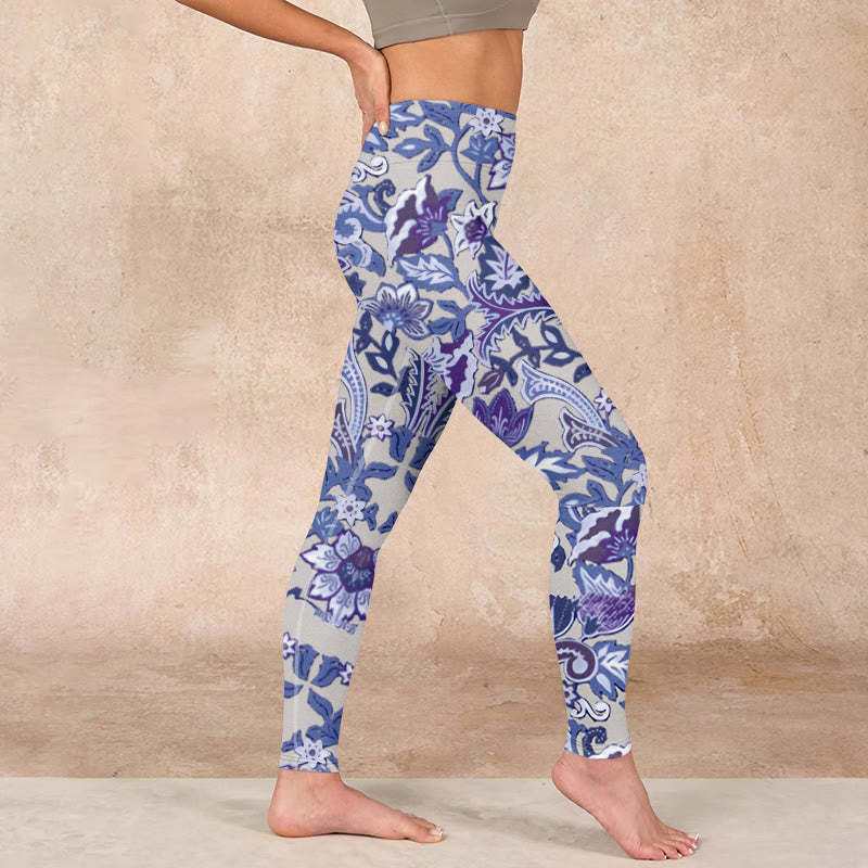 Purple Flower Leaves Print Gym Fitness Leggings Women's Yoga Pants