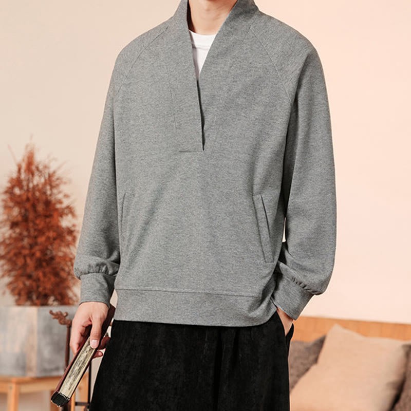 Fall Simple V-Neck Men's Sweatshirt Cotton Pullover With Pockets