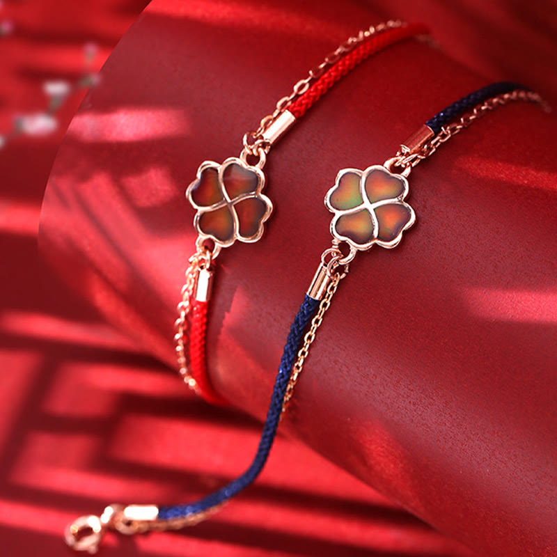 925 Sterling Silver Color-changing Four Leaf Clover Luck Protection Red String Bracelet