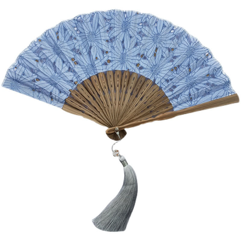 Solid Color Hollow Flowers Embroidery Cotton Fabric Handheld Bamboo Folding Fan