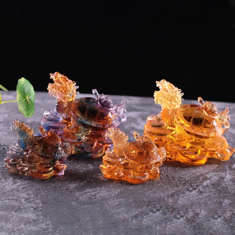Feng Shui Dragon Turtle Coins Handmade Liuli Crystal Luck Art Piece Home Office Decoration