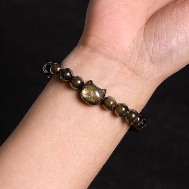 Gold Sheen Obsidian Silver Sheen Obsidian Lovely Paw Lucky Cat Protection Bracelet
