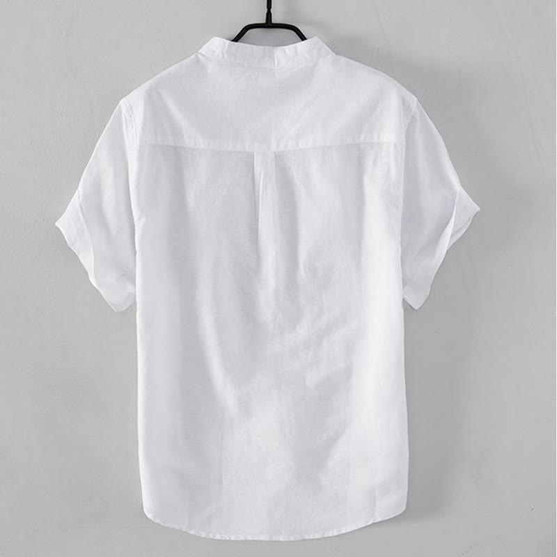 Soft Embroidery Crane Pattern Stand Collar Cotton Linen Half Button Men's Shirt