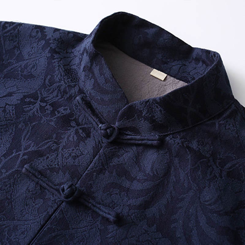 2Pcs Men's Tang Suit Jacquard Vine Pattern Frog-Button Cotton Long Sleeve Shirt Pants Set