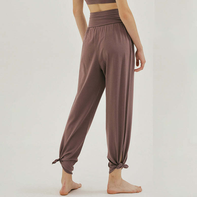 Casual Loose Tie-down Hem Plain High Waist Women's Leica Pants With Pockets