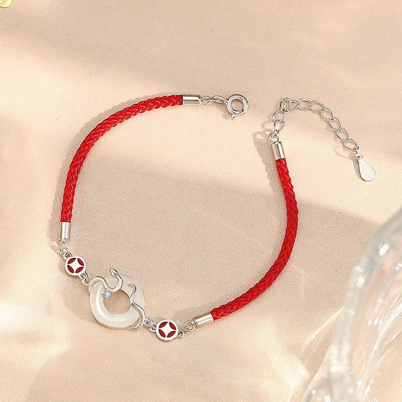 Hetian Jade Chalcedony Peace Buckle Coin 925 Sterling Silver Year Of The Snake Red String Prosperity Bracelet