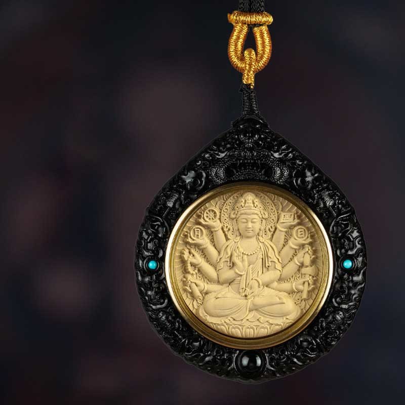 Chinese Zodiac Avalokitesvara Small Leaf Red Sandalwood Ebony Longevity Necklace Pendant