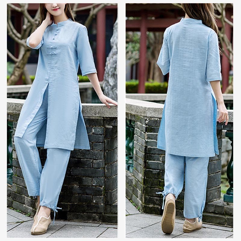 2Pcs Half Sleeve Shirt Top Pants Meditation Zen Tai Chi Linen Clothing Women's Set