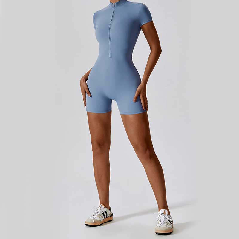 High Stretch Zipper Short Sleeve Jumpsuit Sports Fitness Yoga Women Bodysuit