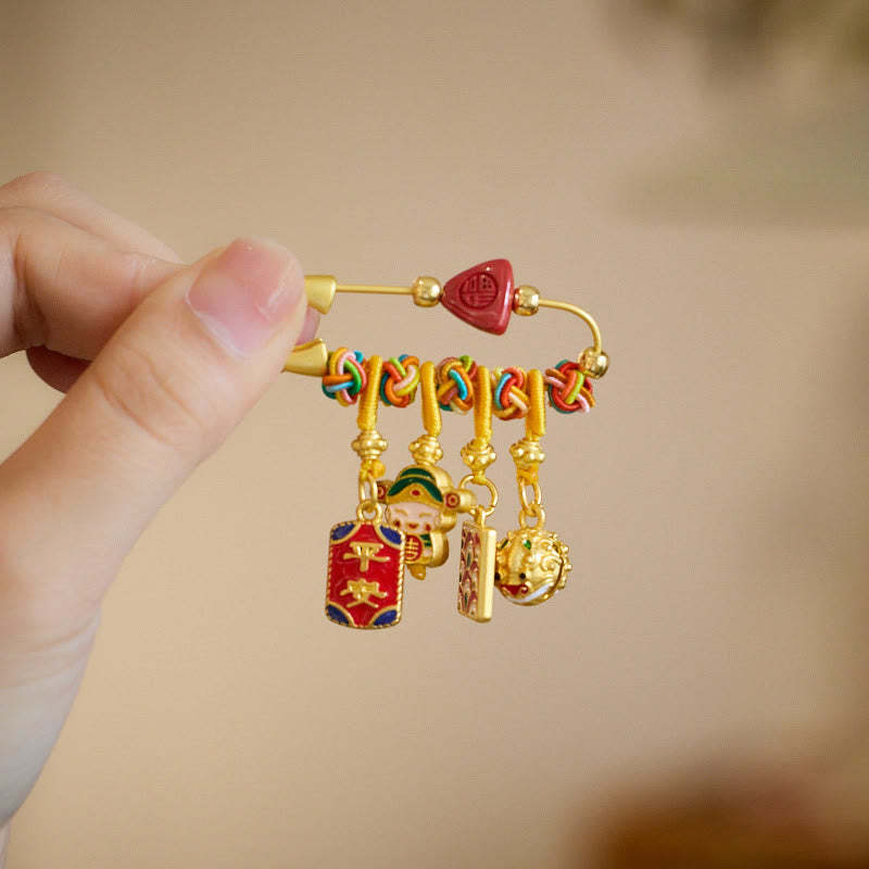 Cinnabar Zongzi Fu Character Caishen God of Wealth Safe And Well Copper Blessing Brooch