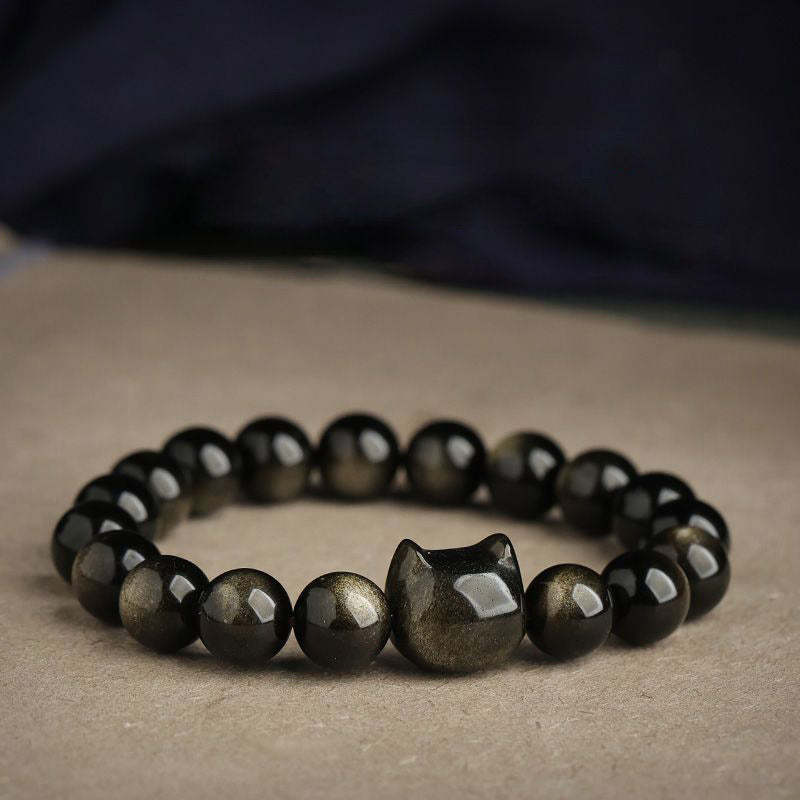 Gold Sheen Obsidian Silver Sheen Obsidian Lovely Paw Lucky Cat Protection Bracelet