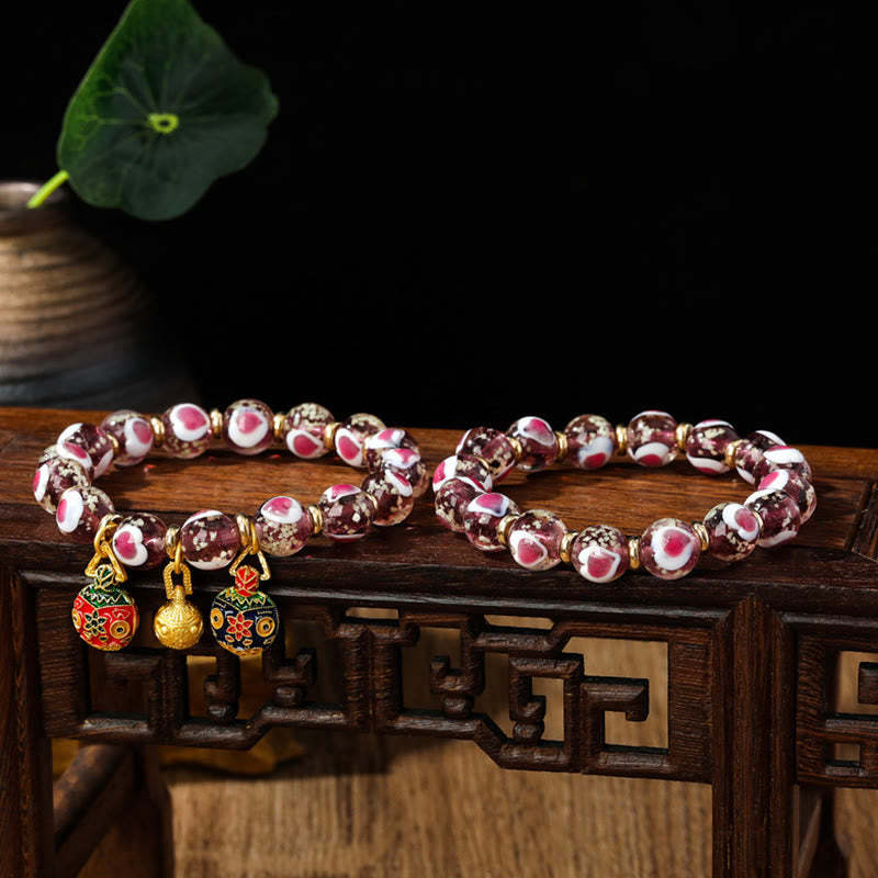 Gold Swallowing Beast Family Pink Love Heart Luminous Fluorescent Liuli Glass Bead Bracelet