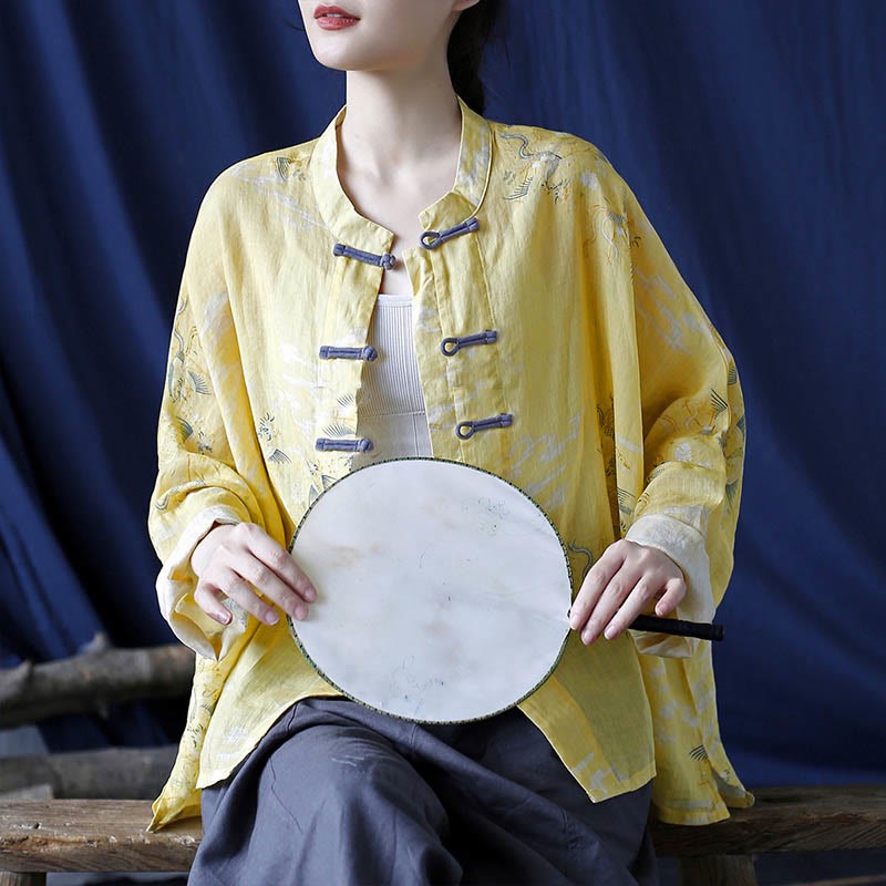 Yellow Phoenix Print Frog-button Design Long Sleeve Ramie Linen Jacket Shirt
