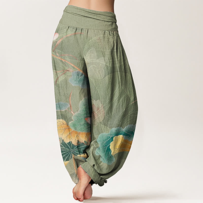 Lotus Flowers Leaves Pattern Women's Elastic Waist Harem Pants