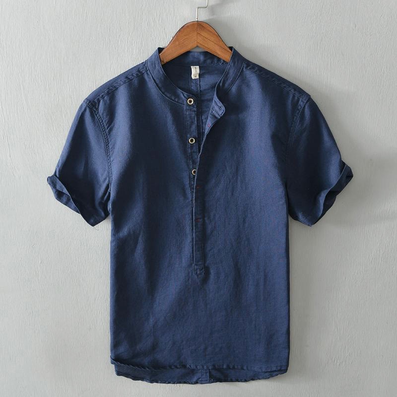 Causal Simple Design Short Sleeve Cotton Linen Half Button Men's Shirt