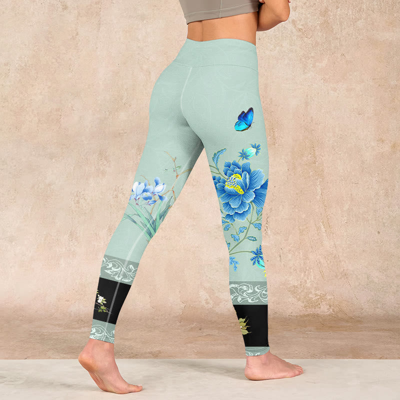 Mint Green Blue Peony Butterfly Print Sports Leggings Women's Yoga Pants