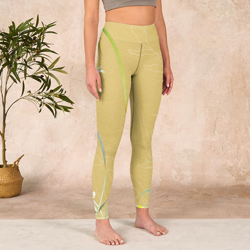 Yellow Orchid Flowers Weeping Leaves Print Gym Leggings Women's Yoga Pants