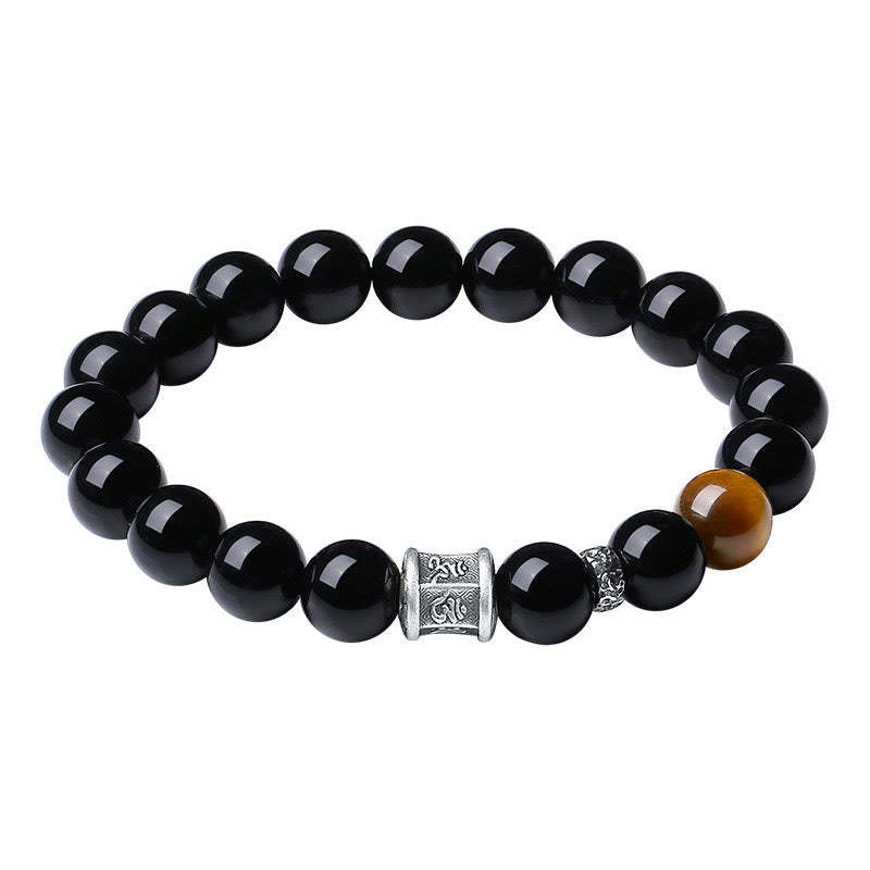 999 Sterling Silver Black Obsidian Tiger Eye Om Mani Padme Hum Fulfillment Bracelet