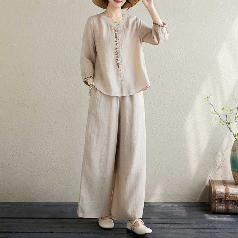 2Pcs Cotton Embroidery Flowers Shirt Top Pants Meditation Zen Tai Chi Clothing Women's Set