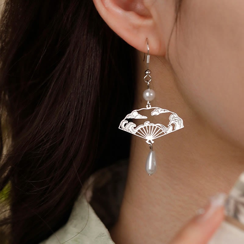 Copper Fan Auspicious Clouds Pearl Healing Drop Earrings