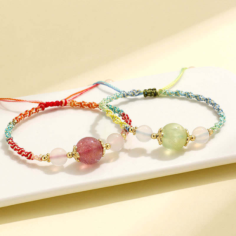 Strawberry Quartz Pink Crystal Prehnite White Agate Bead Healing Rope Bracelet