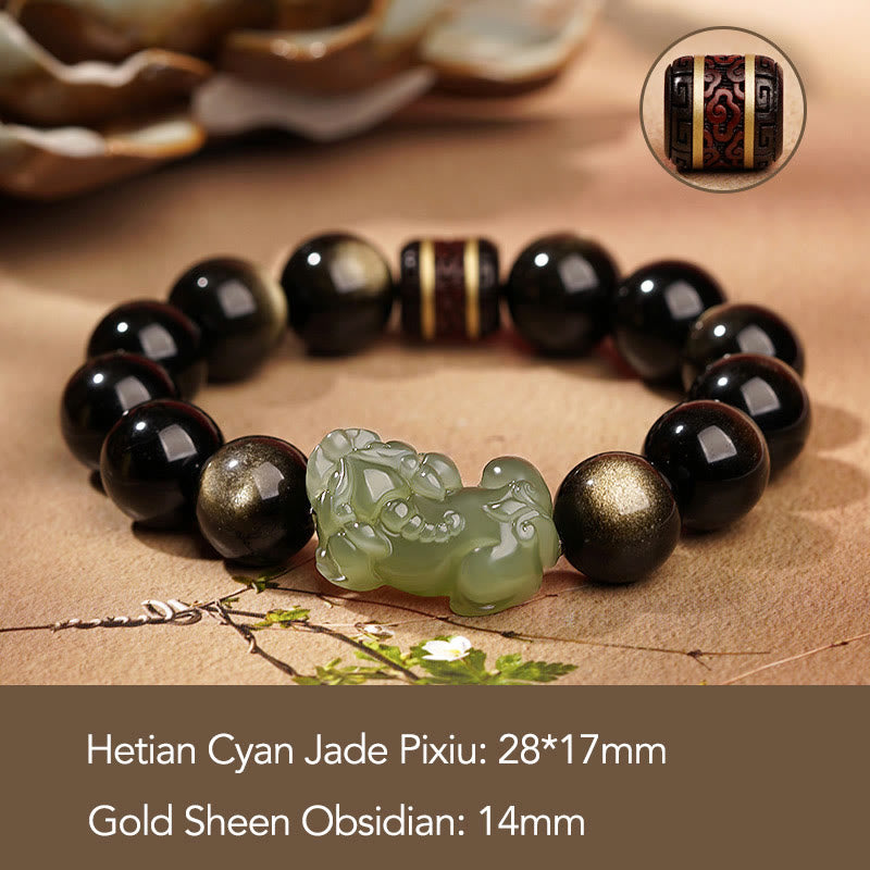 Natural Gold Sheen Obsidian Hetian Cyan Jade White Jade PiXiu Wealth Bracelet