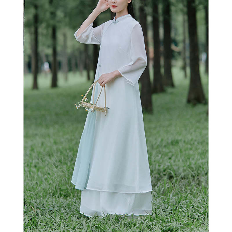Three Quarter Sleeve Chiffon Cheongsam Midi Dress Wide Leg Pants Meditation Zen Practice Clothing