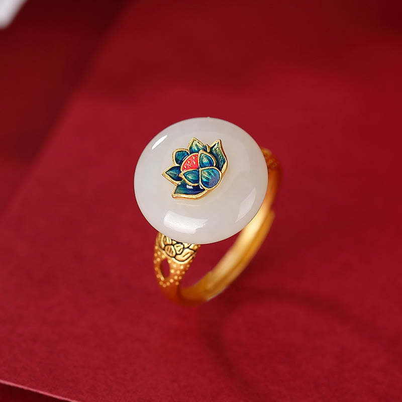 925 Sterling Silver Plated Gold Hetian Jade Lotus Luck Ring Earrings Set