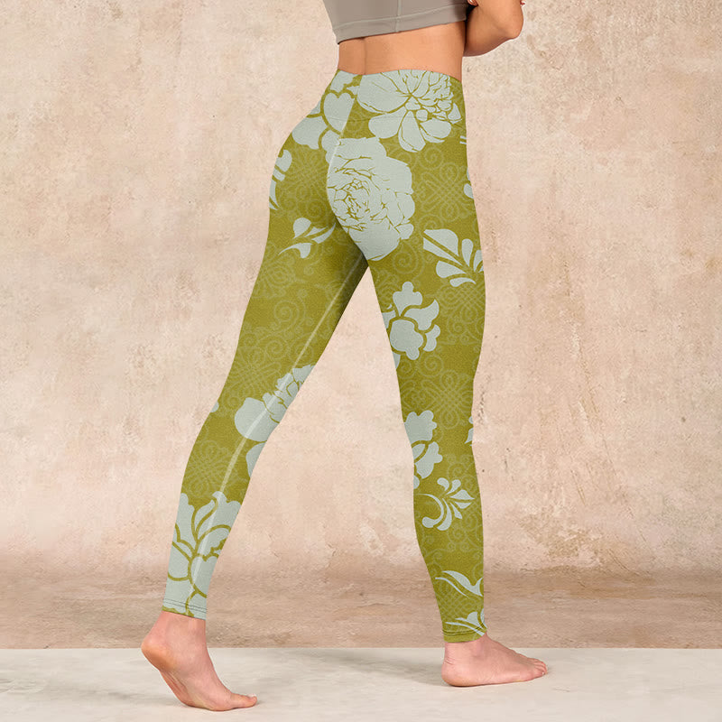 Monochrome Flowers Print Gym Leggings Women's Yoga Pants