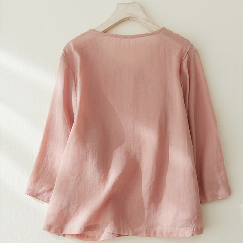 Casual Women's Embroidery Plants Design Three Quarter Sleeve Cotton Linen Shirt