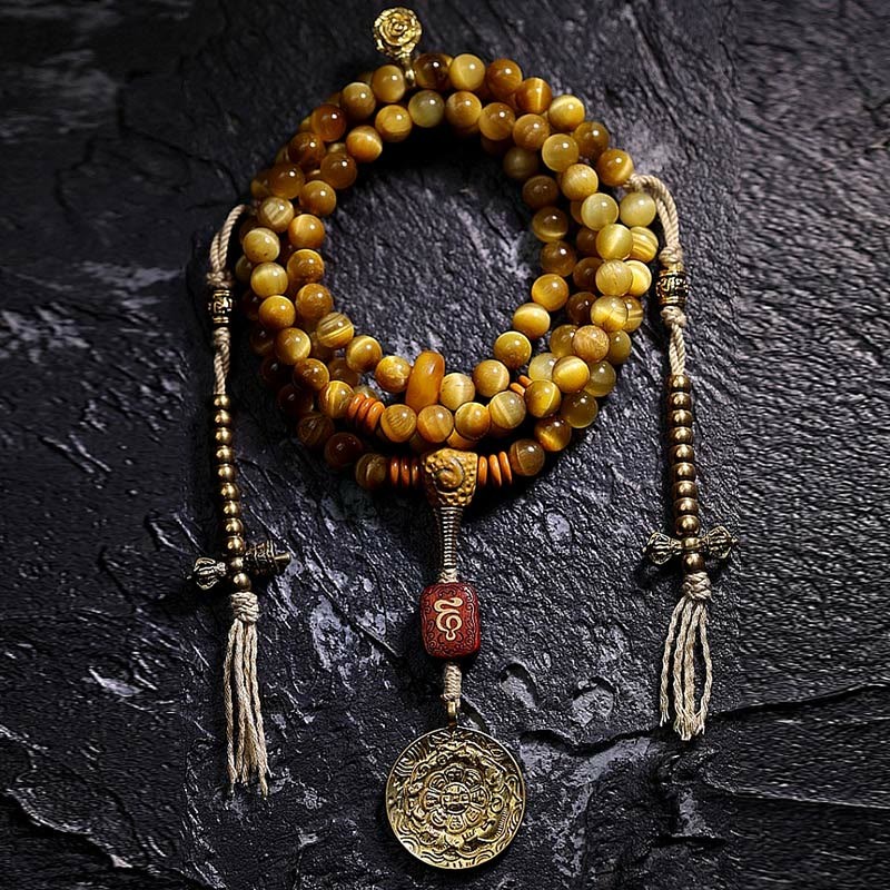 108 Mala Beads Natural Tiger Eye Copper Dorje Protection Tassel Bracelet