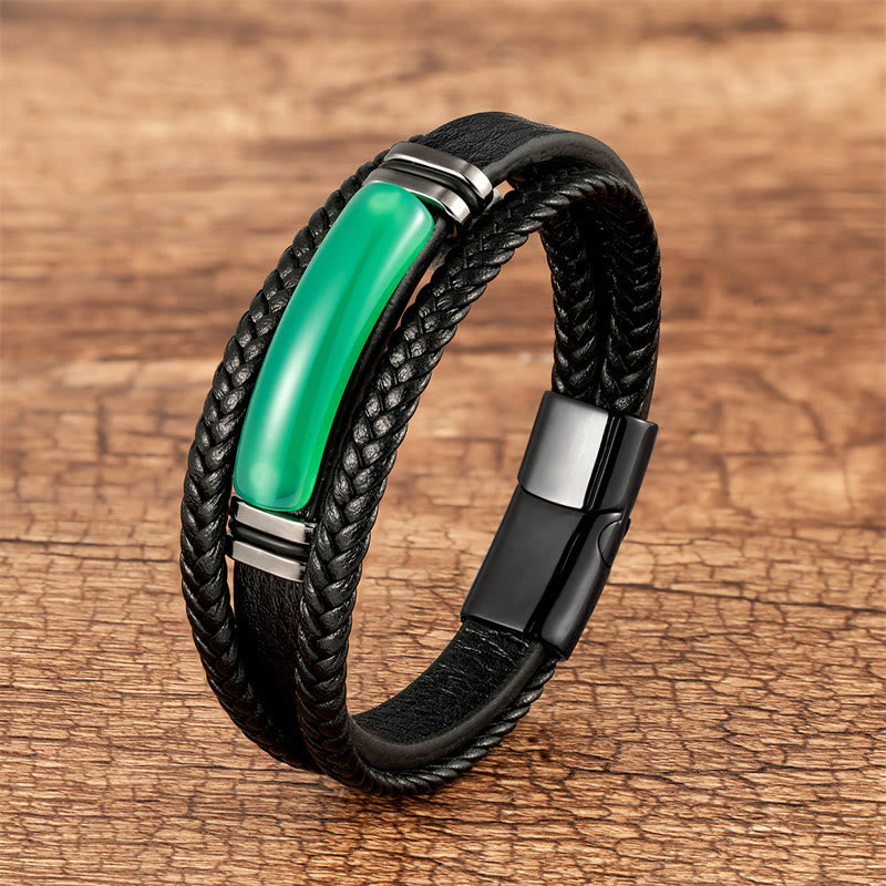 Natural Stone Green Agate Power Multilayered Braided Leather Bracelet (Extra 30% Off | USE CODE: FS30)