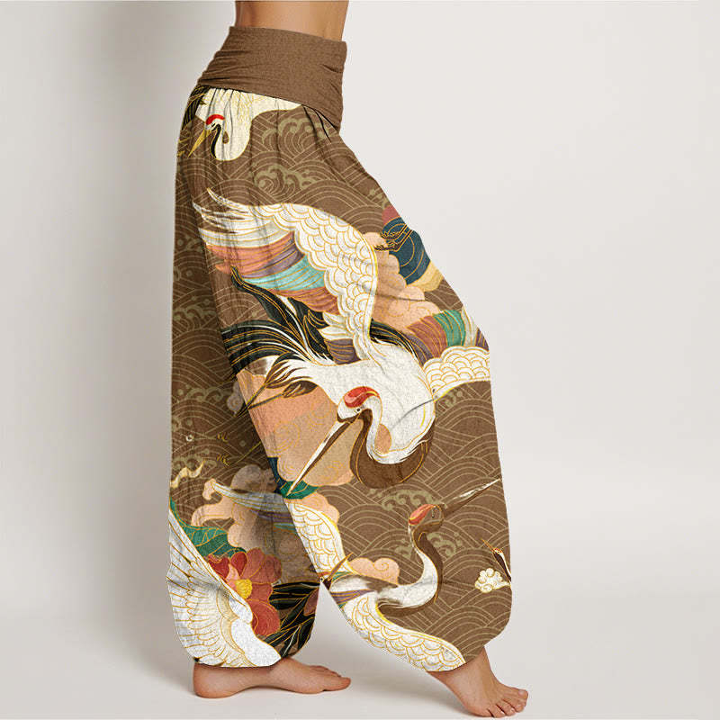 Red-crowned Crane Cloud Pattern Women's Elastic Waist Harem Pants