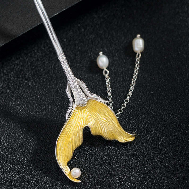 925 Sterling Silver Classical Chinese Style Fish Tail Pearl Tassel Calm Hairpin