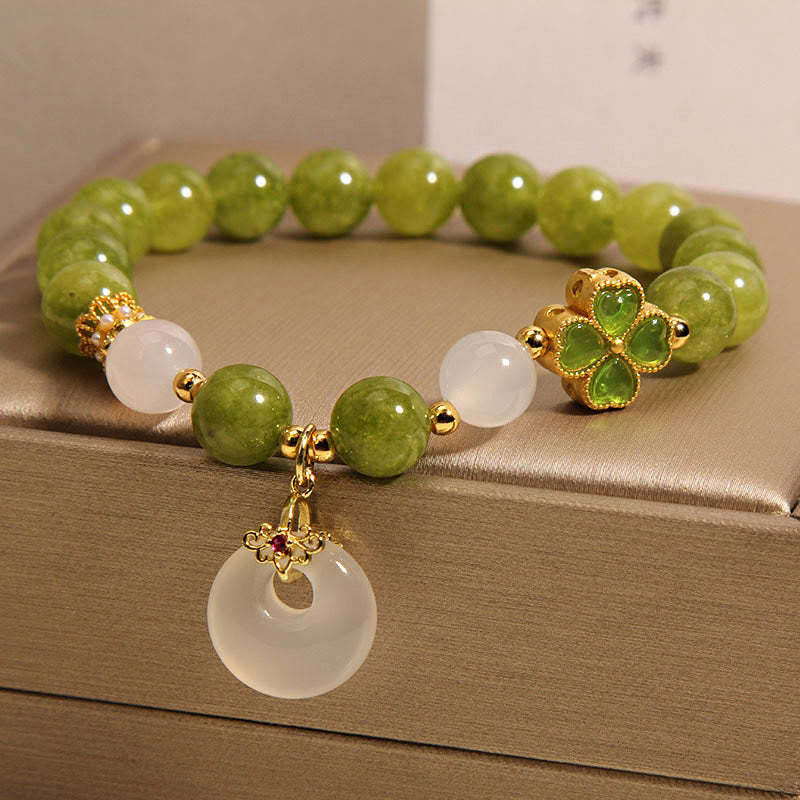 Green Tourmaline Chalcedony Four Leaf Clover Peace Buckle Charm Wisdom Bracelet