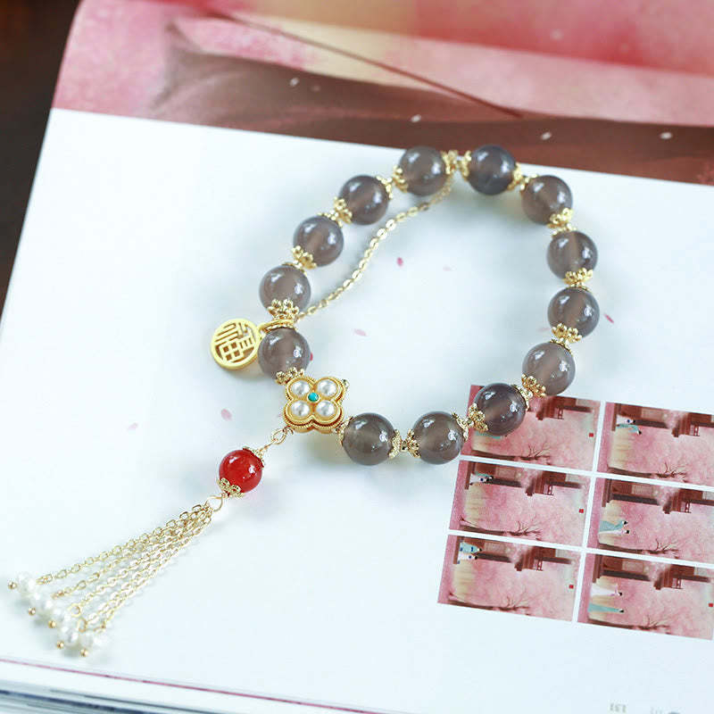 Natural Gray Agate Fu Character Pearl Tassel Balance Bracelet