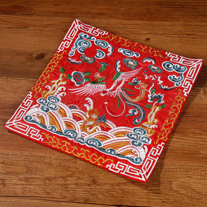 Crane Phoenix Dragon Kirin Embroidered Cup Mat Pad Tea Cup Coaster Square Kung Fu Tea Mat