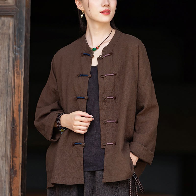 Solid Color Two-color Frog-button Long Sleeve Ramie Linen Women's Shirt