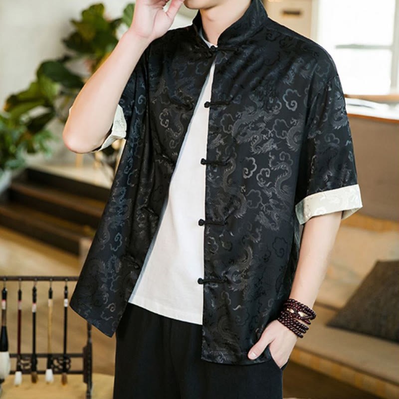 Chinese Tang Suit Frog-button Dragon Print Men's Half Sleeve Shirts