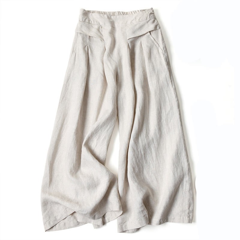 Plain Color Cotton Linen High Waist Wide Leg Pants With Pockets