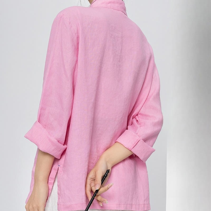 Solid Color Frog-button Long Sleeve Linen Women's Shirts With Pockets