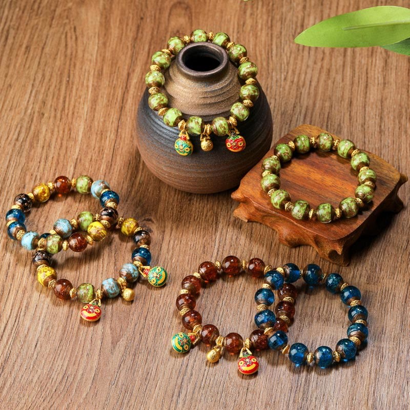 Gold Swallowing Beast Family Charm Liuli Glass Bead Fortune Bracelet