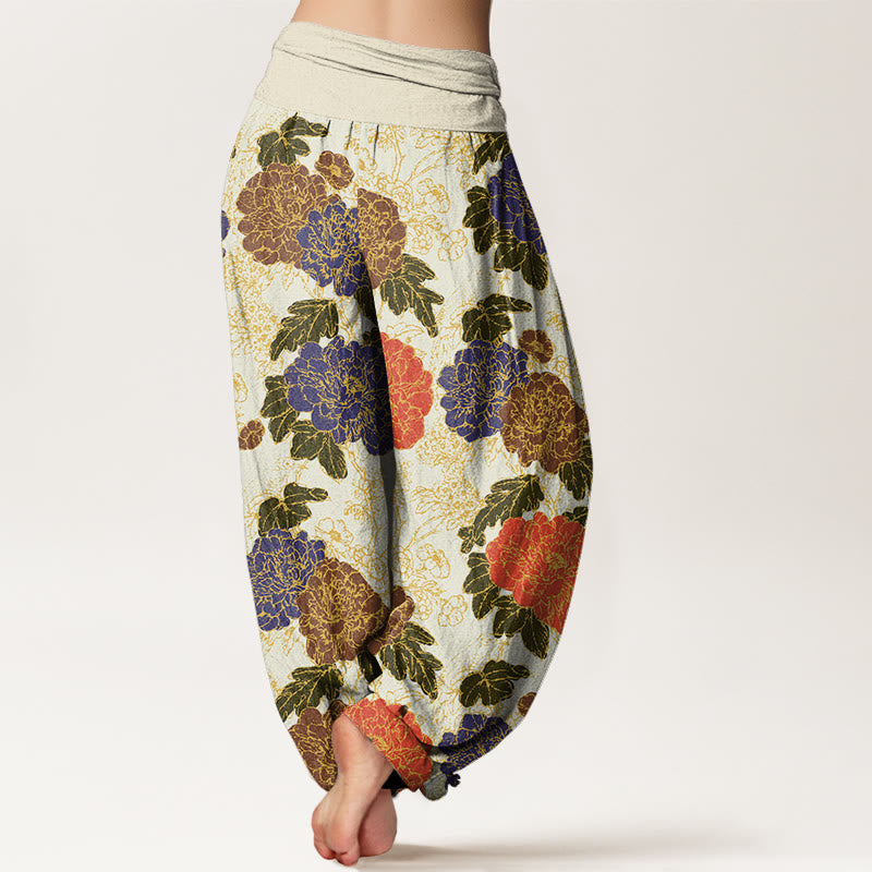 Peony Flowers Leaves Design Women's Elastic Waist Harem Pants