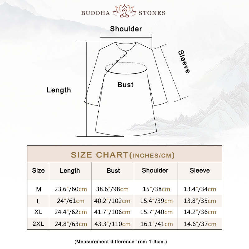 Blue Flowers Orange Leaves Frog-Button Three Quarter Sleeve Cotton Linen Shirt