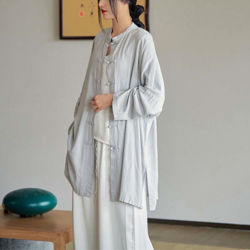Plain Frog-Button Design Shirt Zen Tai Chi Meditation Top Clothing Cotton Linen Jacket