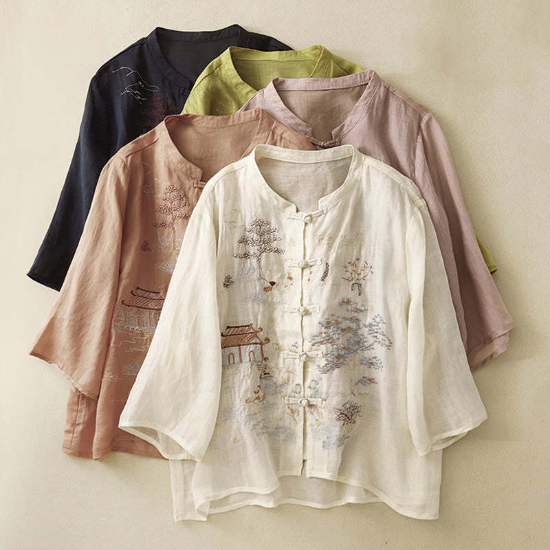 Casual Women's Frog-Button Embroidered Plant Crew Neck Design Three Quarter Sleeve Cotton Shirt