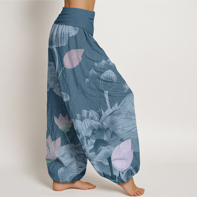 Pink And White Lotus Women's Elastic Waist Harem Pants