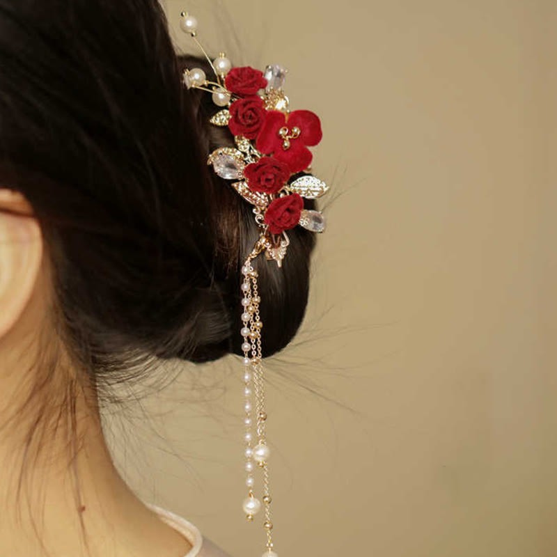 Retro Chinese Style Red Camellia Flower Tassel Side Hair Clip