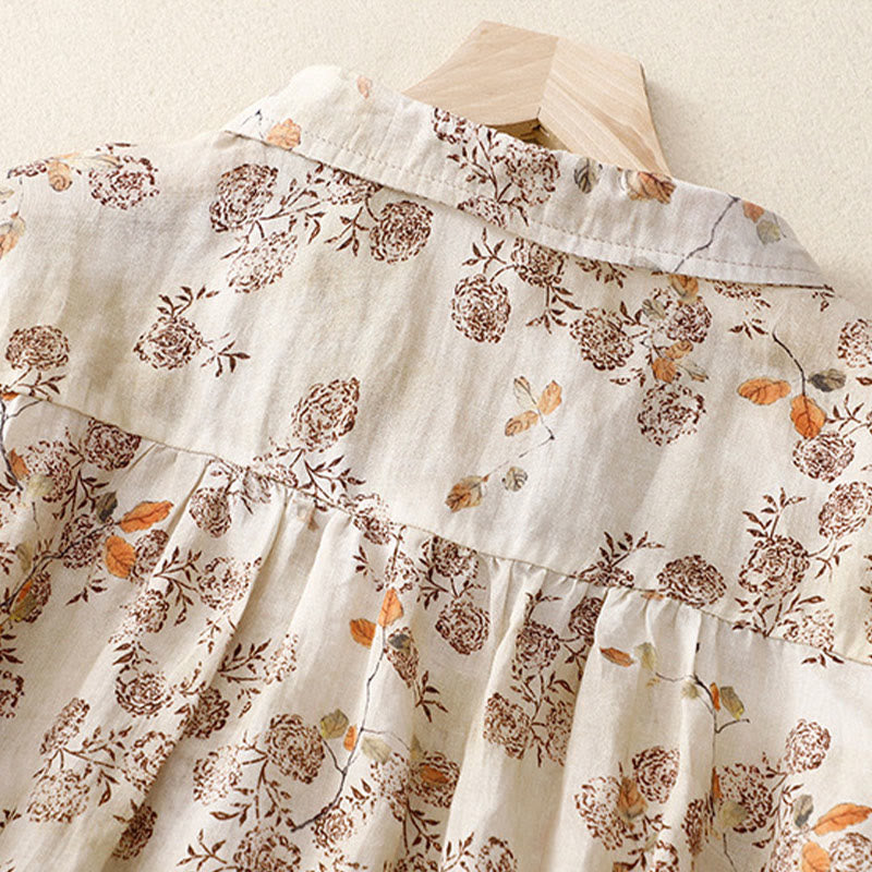 Casual Floral Print Buttons Women's Stand Collar Design Half Sleeve Carbon Fiber Shirt